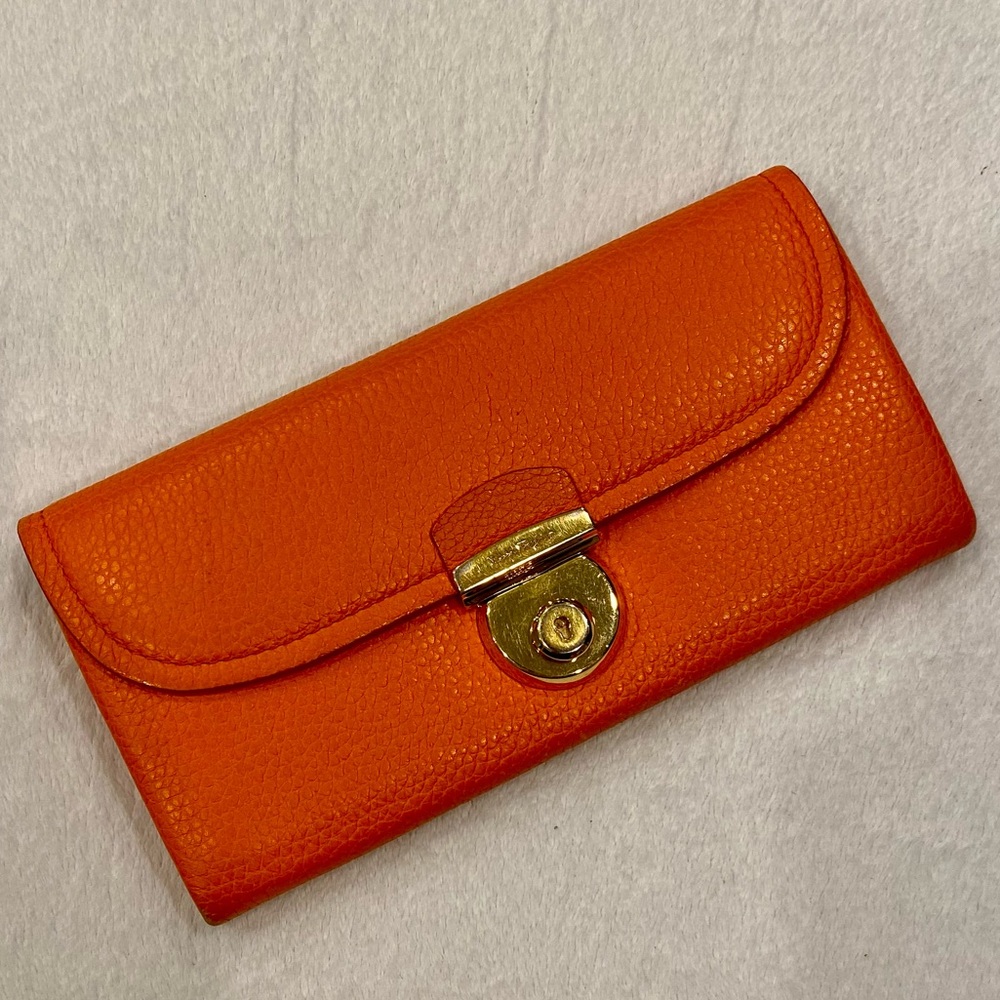 Ferragamo Orange Leather Continental Wallet with Gold Clasp